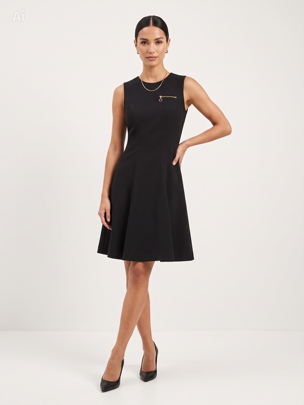 Calvin Klein Black Sleeveless Fit-and-Flare Dress with Gold Zip Detail
